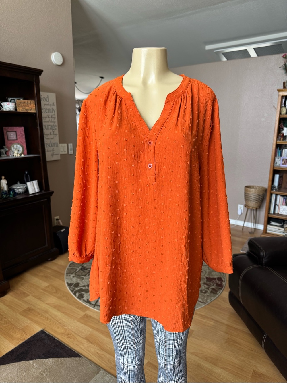 Lomon orange textured V-neck 3/4 sleeves blouse-size 1X